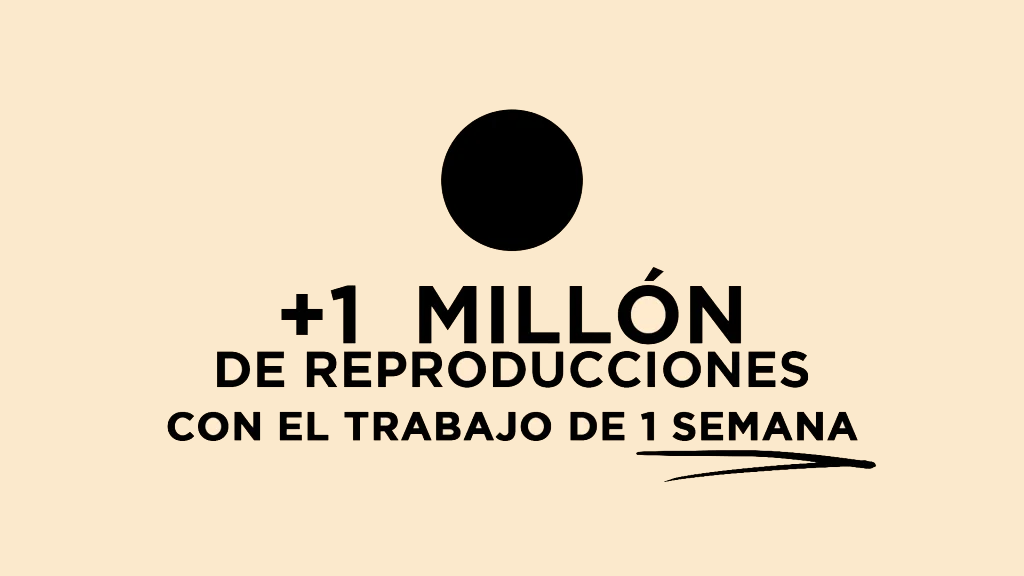 Diseño gráfico para portada con el texto "+1 millón de reproducciones con el trabajo de 1 semana", destacando un caso de éxito de creación de vídeo y marketing en el portfolio de Miguel Ángel.
